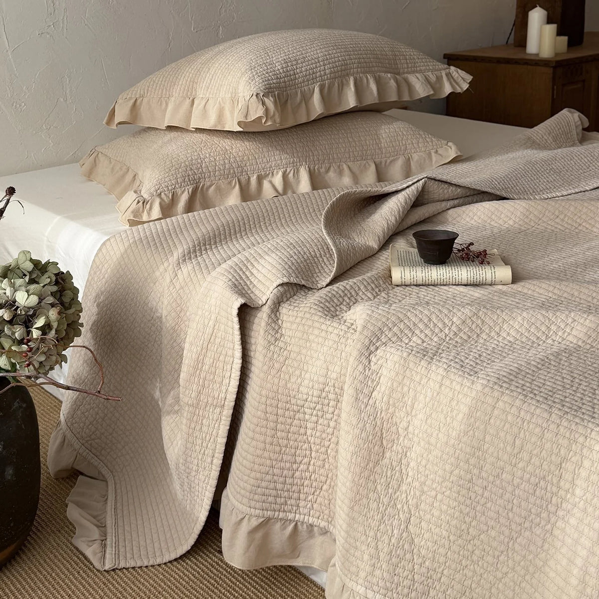 Bedspread Set Quilted Cotton Ruffled Edge With Pillowcases