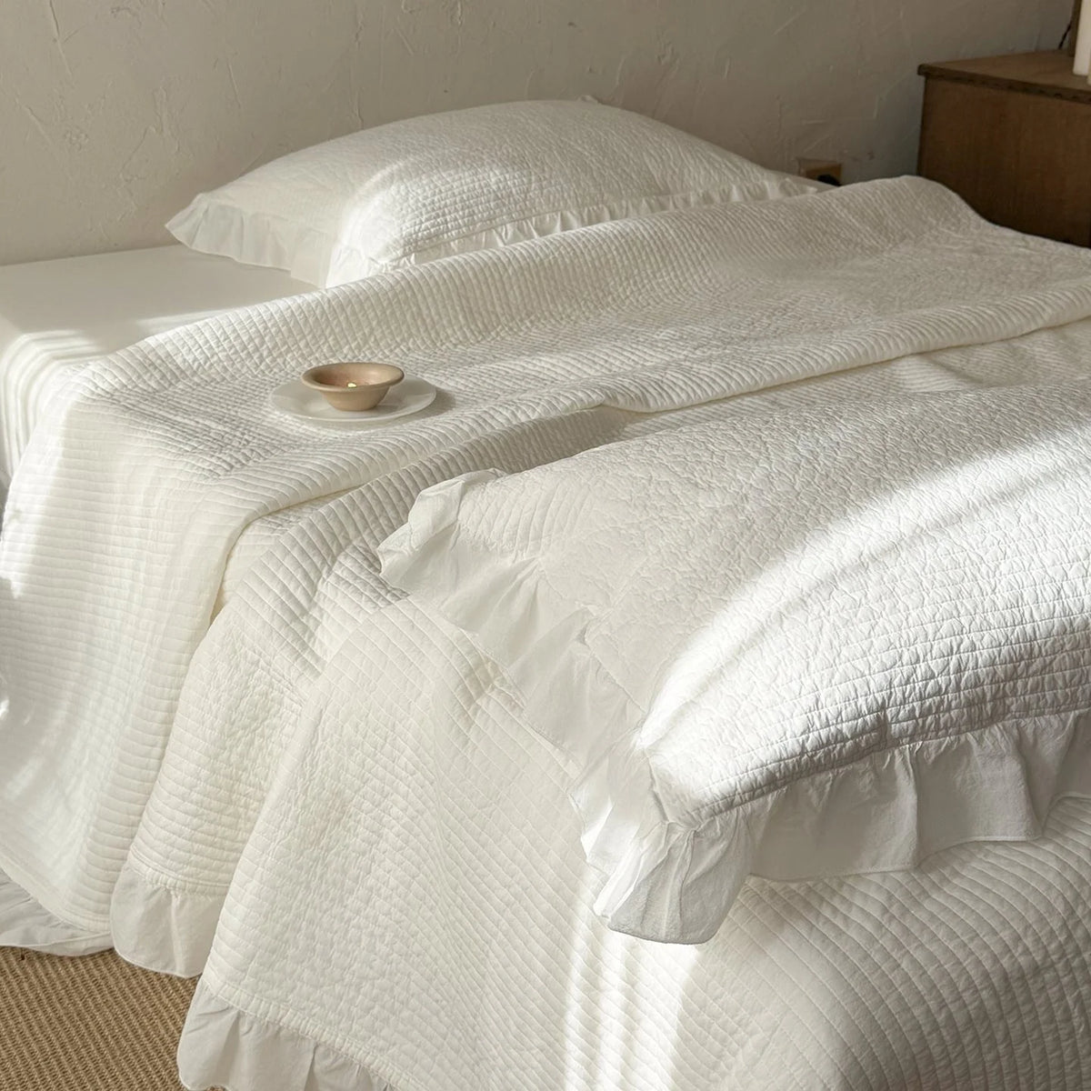Bedspread Set Quilted Cotton Ruffled Edge With Pillowcases