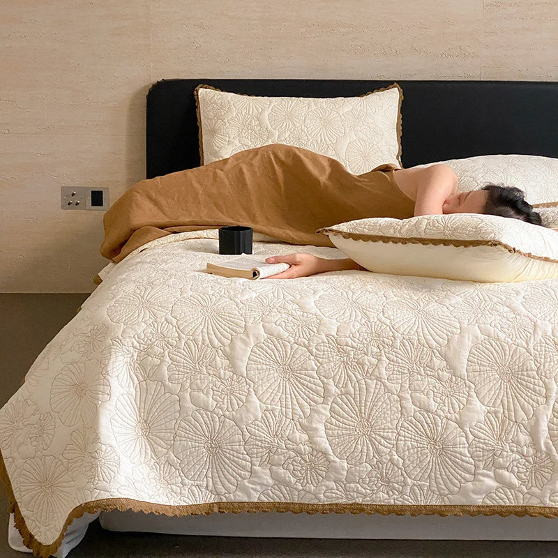 Bedspread Set Quilted Floral Cotton-Linen Crocheted Edge