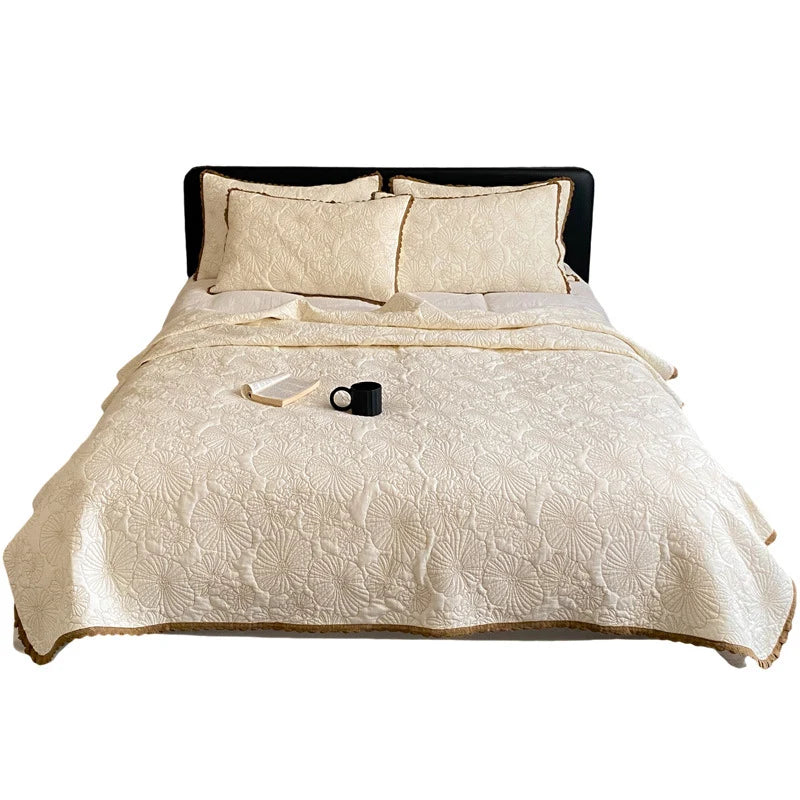 Bedspread Set Quilted Floral Cotton-Linen Crocheted Edge