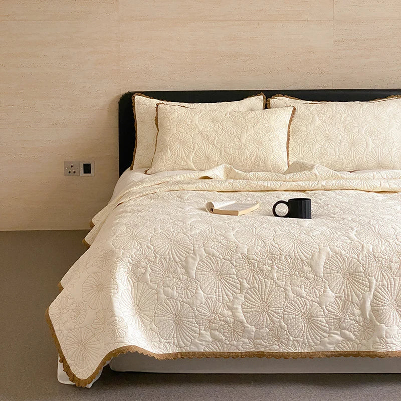 Bedspread Set Quilted Floral Cotton-Linen Crocheted Edge