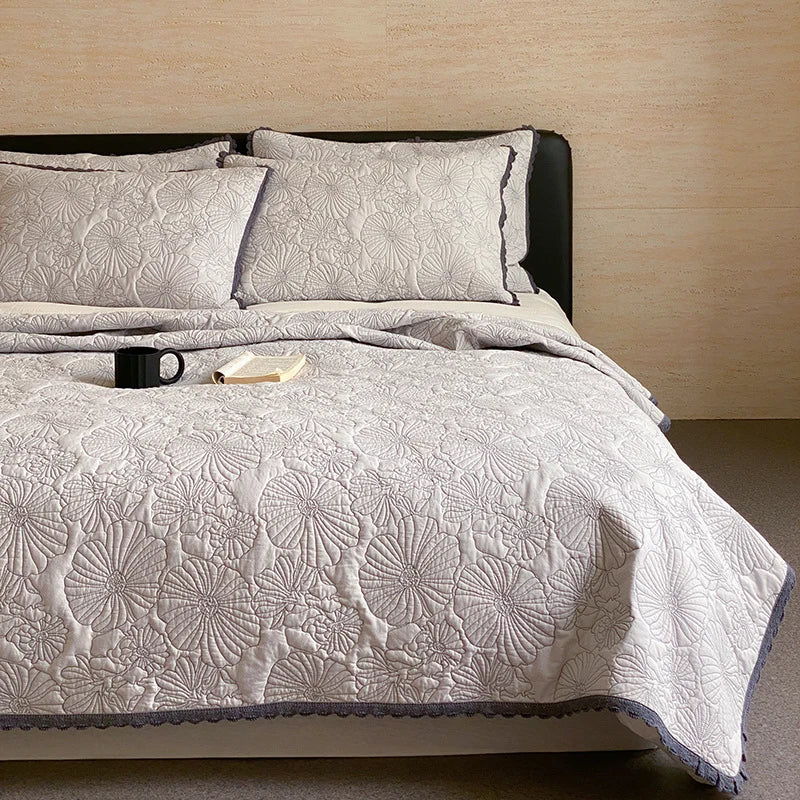 Bedspread Set Quilted Floral Cotton-Linen Crocheted Edge