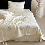 Bedspread Set Silky Satin Embroidered Pillowcases & Ties