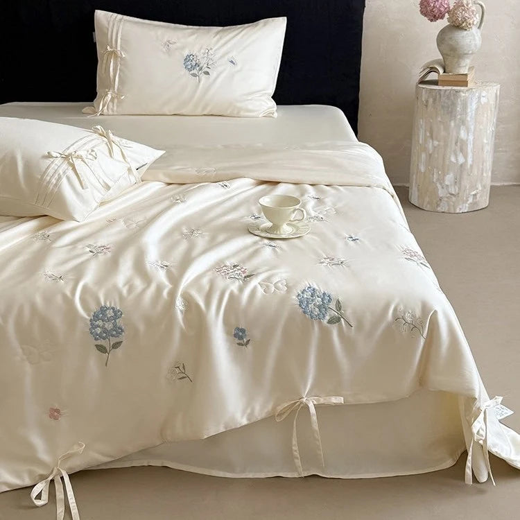 Bedspread Set Silky Satin Embroidered Pillowcases & Ties