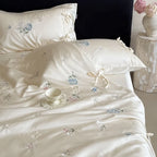 Bedspread Set Silky Satin Embroidered Pillowcases & Ties