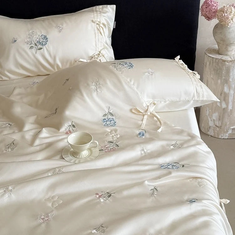 Bedspread Set Silky Satin Embroidered Pillowcases & Ties