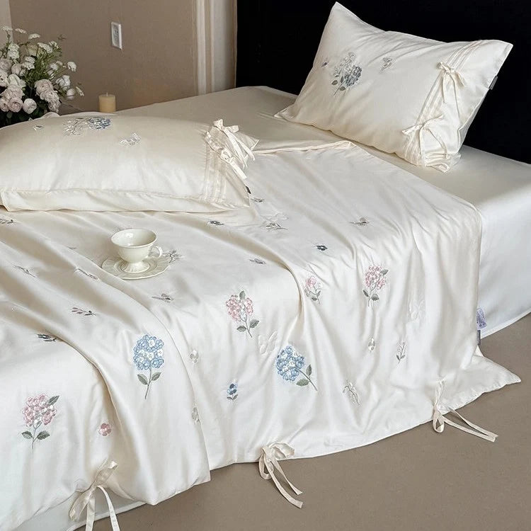 Bedspread Set Silky Satin Embroidered Pillowcases & Ties