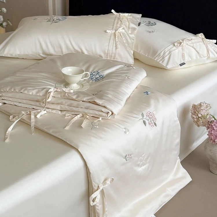 Bedspread Set Silky Satin Embroidered Pillowcases & Ties