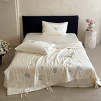 Bedspread Set Silky Satin Embroidered Pillowcases & Ties