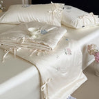 Bedspread Set Silky Satin Embroidered Pillowcases & Ties