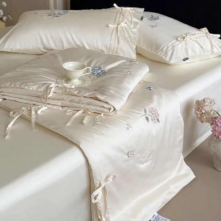 Bedspread Set Silky Satin Embroidered Pillowcases & Ties