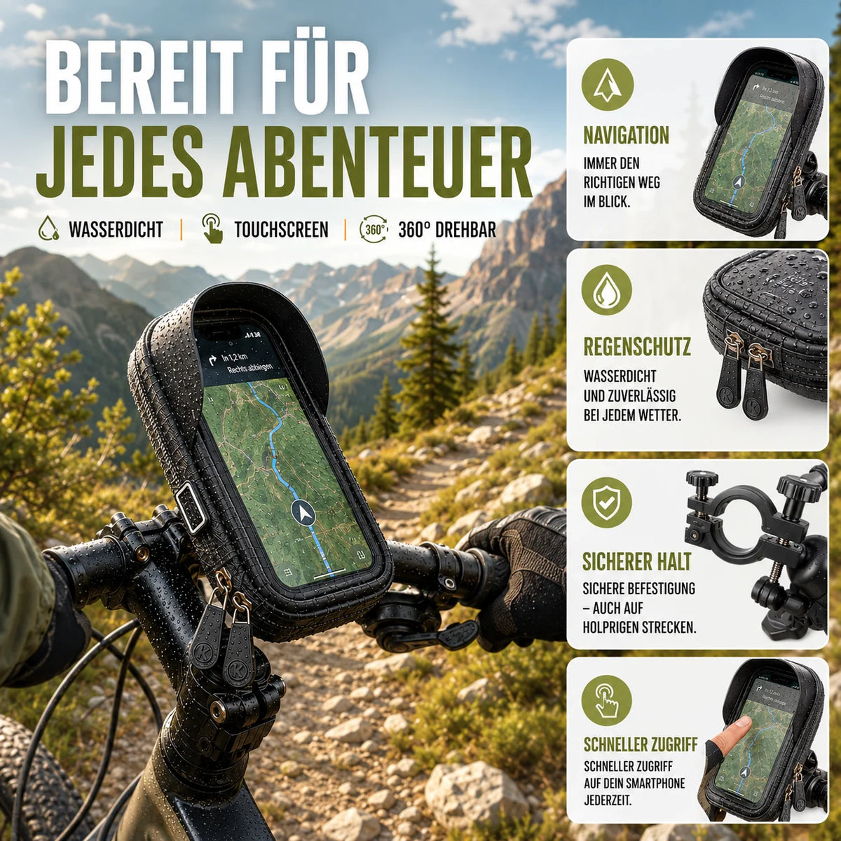 Bicycle Phone Mount Waterproof & Touchscreen 360 Degree Rotation