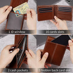 Bifold Wallet Genuine Leather RFID-Blocking 16 Card Slots