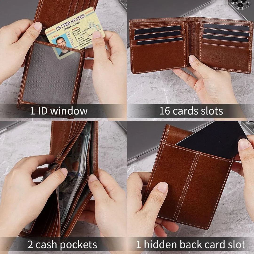 Bifold Wallet Genuine Leather RFID-Blocking 16 Card Slots