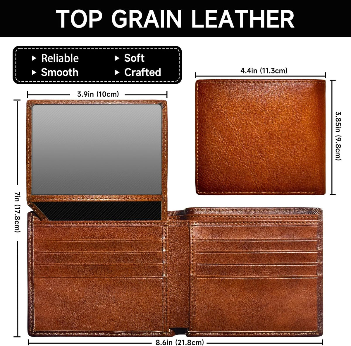Bifold Wallet Top-Grain Leather RFID Blocking 10 Card Slots