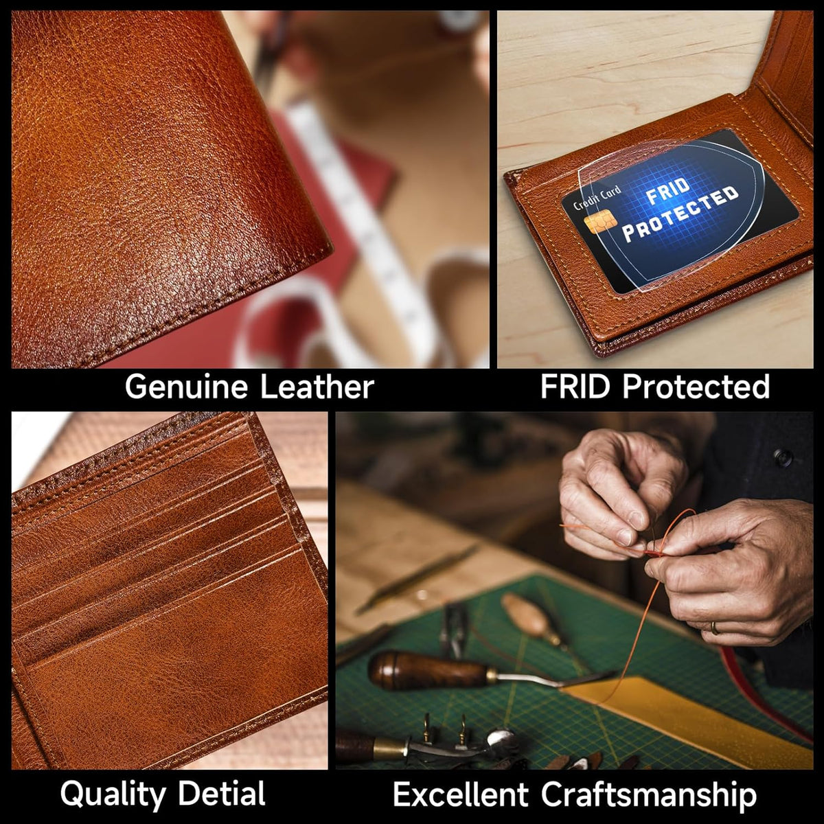 Bifold Wallet Top-Grain Leather RFID Blocking 10 Card Slots
