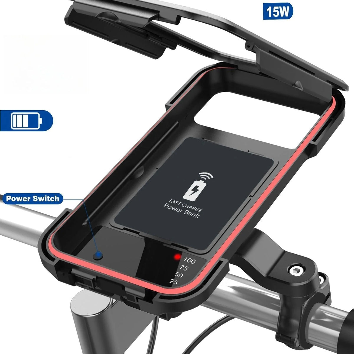 Bike Phone Mount Waterproof 15W Wireless Charging