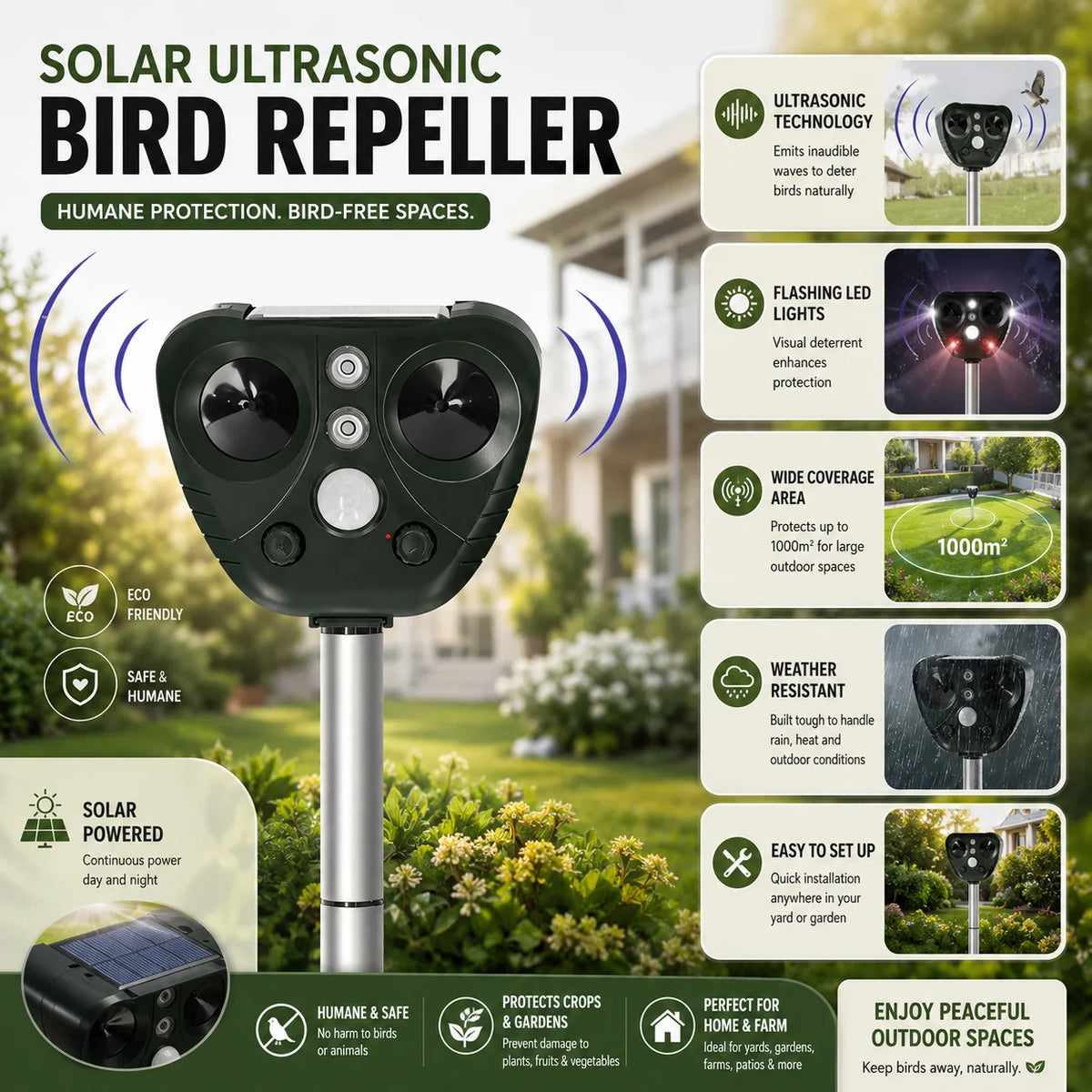 Bird Repeller Solar-Powered Ultrasonic 30 Ft Coverage