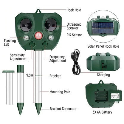 Bird Repeller Solar-Powered Ultrasonic Adjustable Modes & Flashing LED