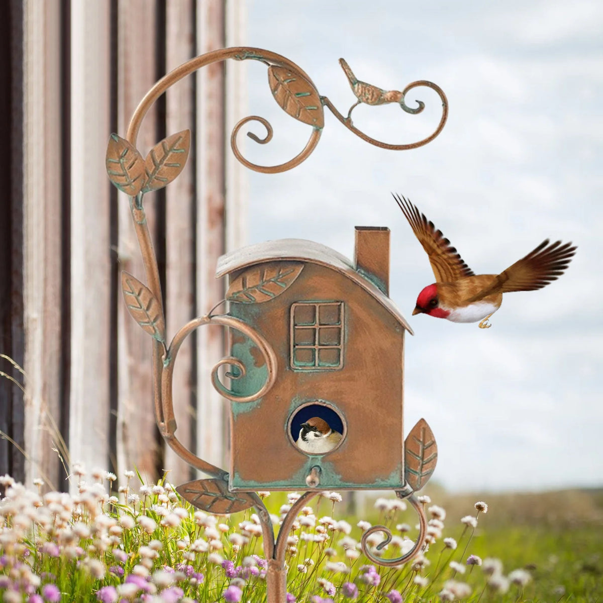 Birdhouse Sculptural Metal Weather-Resistant Garden Stake