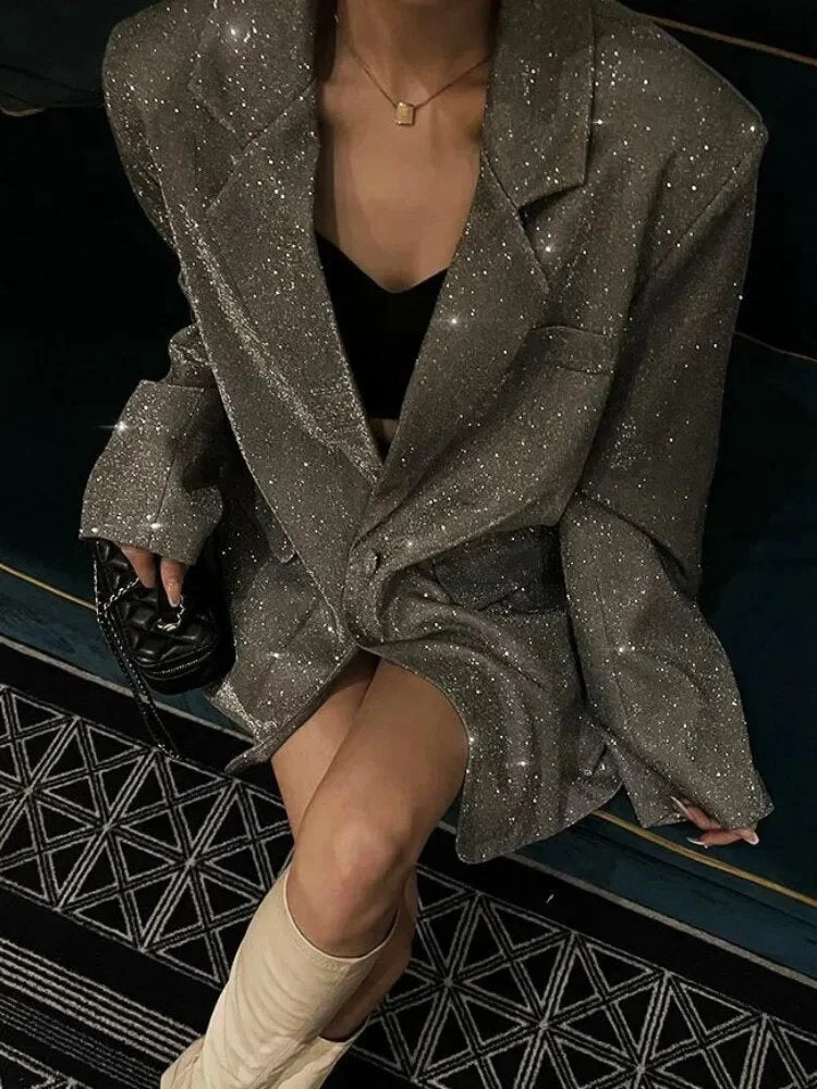 Blazer Sparkling Sequin Oversized Fit Soft Fabric