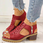 Block Heel Sandals Open Toe Faux Leather Back Zipper