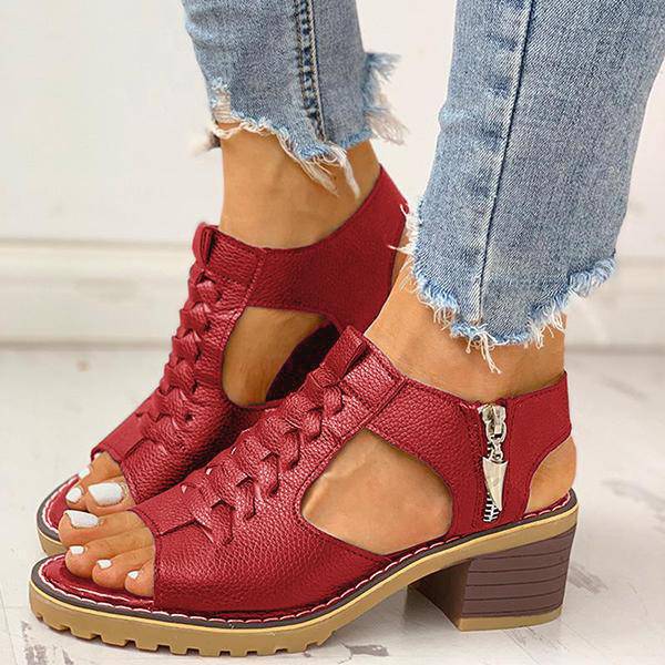 Block Heel Sandals Open Toe Faux Leather Back Zipper