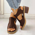 Block Heel Sandals Open Toe Faux Leather Back Zipper