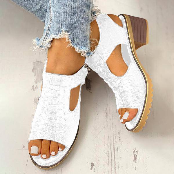 Block Heel Sandals Open Toe Faux Leather Back Zipper