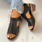 Block Heel Sandals Open Toe Faux Leather Back Zipper