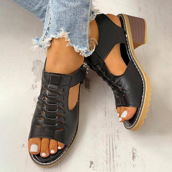 Block Heel Sandals Open Toe Faux Leather Back Zipper