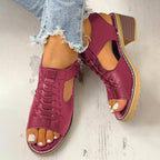 Block Heel Sandals Open Toe Faux Leather Back Zipper