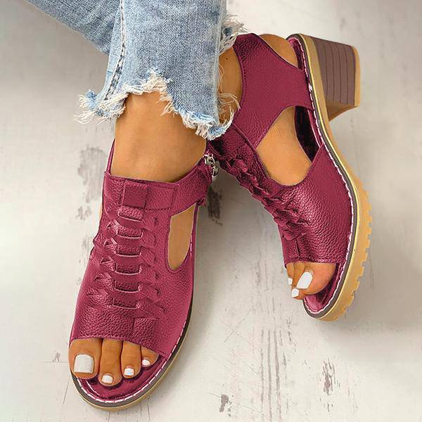 Block Heel Sandals Open Toe Faux Leather Back Zipper