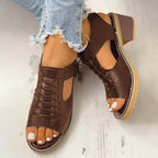Block Heel Sandals Open Toe Faux Leather Back Zipper