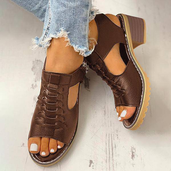 Block Heel Sandals Open Toe Faux Leather Back Zipper