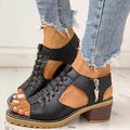 Block Heel Sandals Open Toe Faux Leather Back Zipper