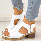 Block Heel Sandals Open Toe Faux Leather Back Zipper