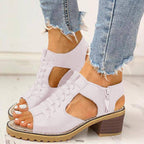 Block Heel Sandals Open Toe Faux Leather Back Zipper