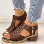 Block Heel Sandals Open Toe Faux Leather Back Zipper