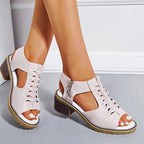 Block Heel Sandals Open Toe Faux Leather Back Zipper