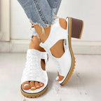 Block Heel Sandals Open Toe Faux Leather Back Zipper