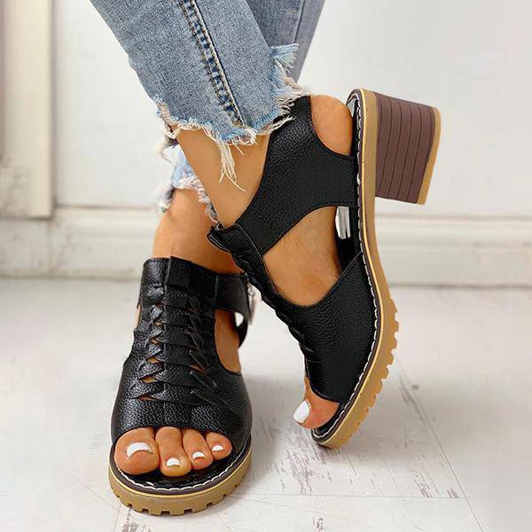 Block Heel Sandals Open Toe Faux Leather Back Zipper