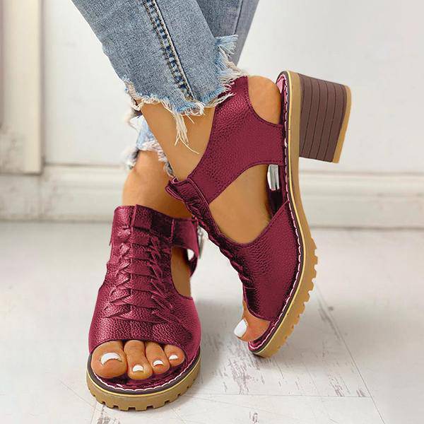 Block Heel Sandals Open Toe Faux Leather Back Zipper