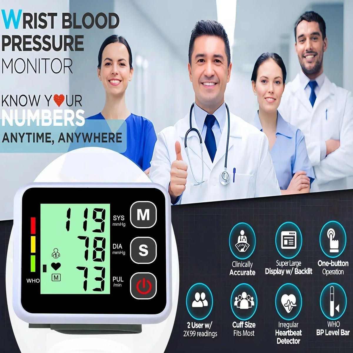 Blood Pressure Monitor Automatic Wrist Cuff 60-Reading Memory