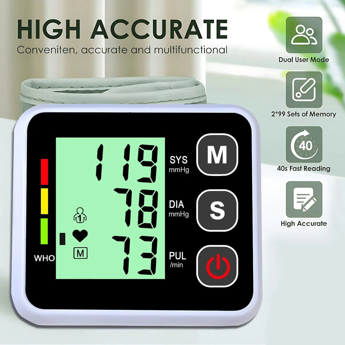 Blood Pressure Monitor Automatic Wrist Cuff 60-Reading Memory