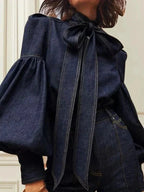 Blouse Fitted Silhouette Puff Sleeves Adjustable Bow Tie