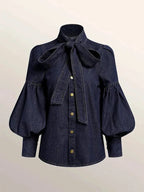 Blouse Fitted Silhouette Puff Sleeves Adjustable Bow Tie