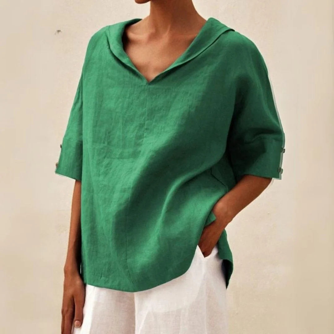 Blouse Linen-Look Relaxed Fit V-Neck