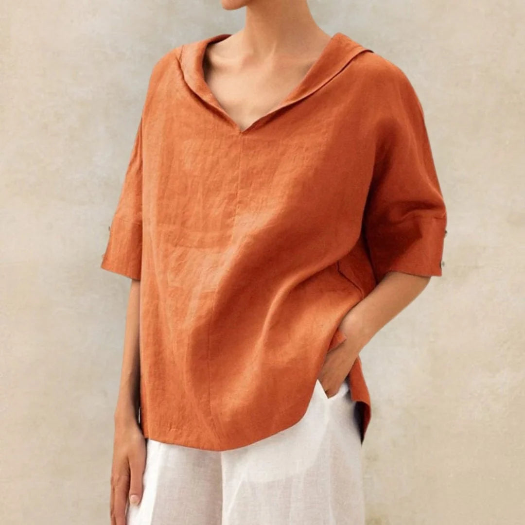 Blouse Linen-Look Relaxed Fit V-Neck