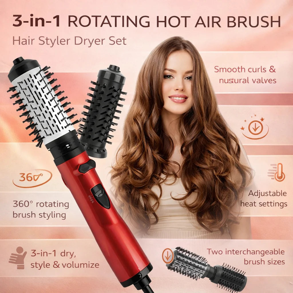 Blow Dryer Brush Rotating Interchangeable Brush Heads & 3 Heat Settings